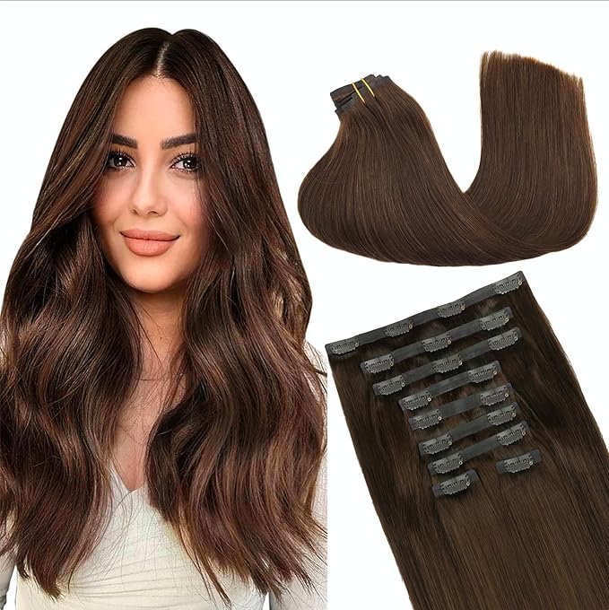 GOO GOO Clip in Hair Extensions Real Human Hair, Remy Human Hair Extensions Clip ins for Women, Natural Human Hair, 18inch 170g 9Pcs, #4A Chocolate Brown