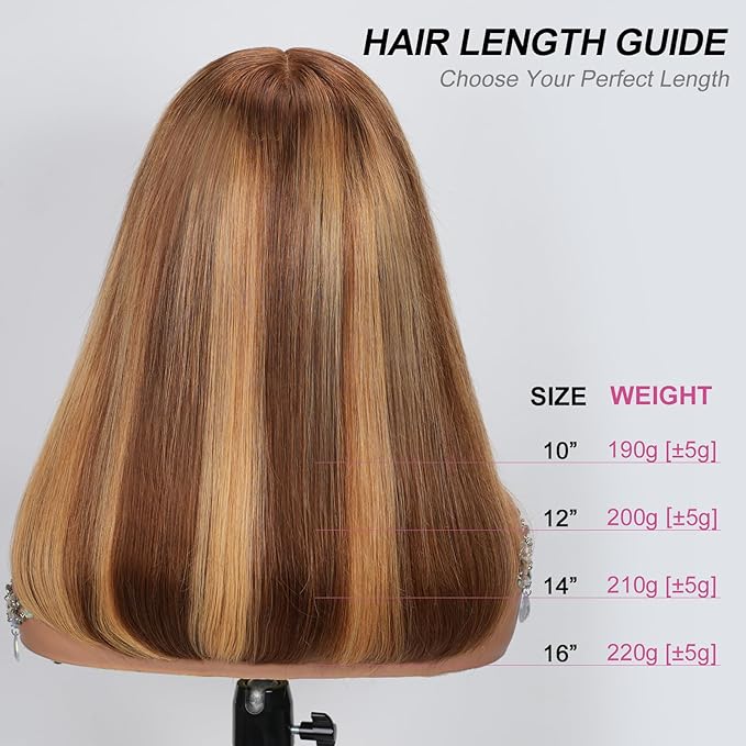210% Density 13x6 Highlight Ombre Full Lace Frontal Bob Wig Human Hair 12A Brazilian Virgin Human Hair Pre Plucked 4/27 Honey Blonde HD Transparent Lace Glueless Wigs Human Hair 12 Inch