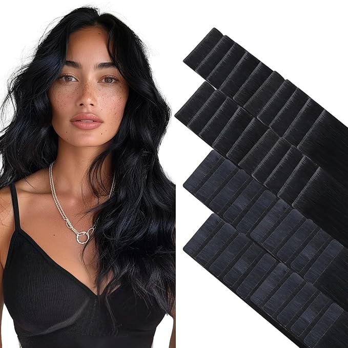GOO GOO Invisi Edge Tape in Hair Extensions Human Hair, 1 Jet black 20pcs injected with 20pcs classical tape ins, 24inch 100g, Virgin Remy Hair, Natural Look
