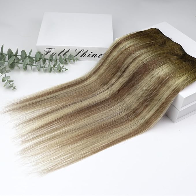 Full Shine Human Hair Clip in Extensions for Woman 14 Inch Medium Brown Ombre to Light Brown and Medinum Blonde Hair Extensions Clip ins Softness 3 PCS 60 Grams