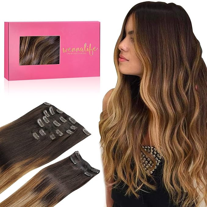 WENNALIFE Clip in Hair Extensions, 150g 16 Inch 9pcs Highlight Dark Brown to Chestnut Brown and Dirty Blonde Human Hair Extensions Thicker Clip in Hair Extensions Real Human Hair Clip Set Double Weft