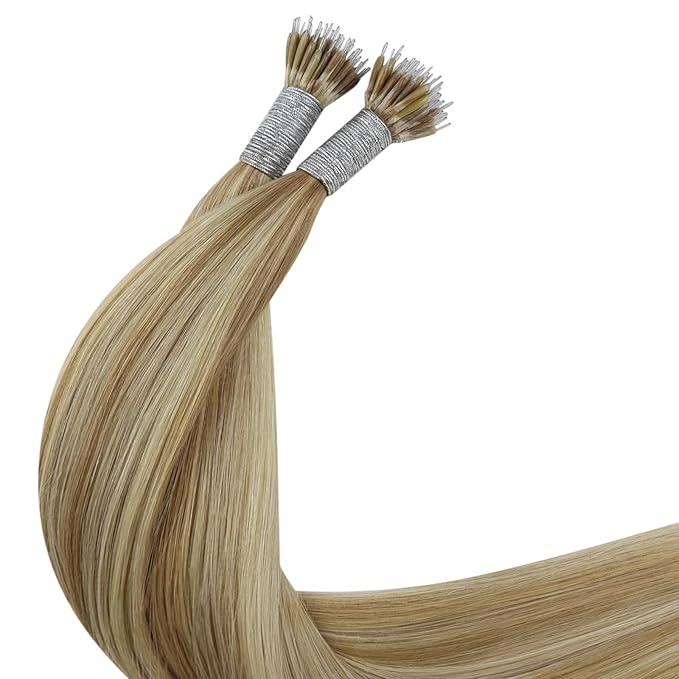 YoungSee Nano Ring Hair Extensions Human Hair Blonde Nano Bead Hair Extensions Human Hair Warm Ash Blonde Highlight Bleach Blond Nano-Ring Hair Extension Highlight 16 Inch Soft Silky Hair 50s 50g