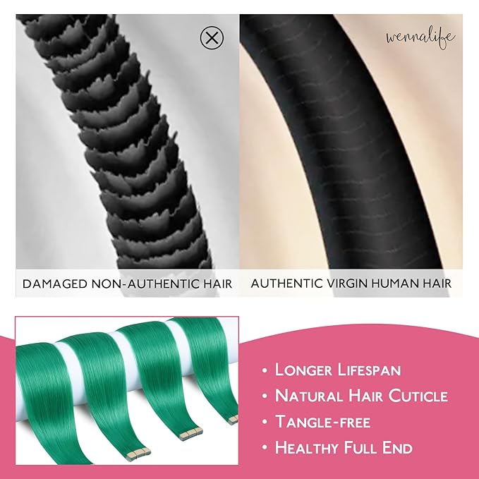 WENNALIFE Tape in Hair Extensions Human Hair Green Tape in Extensions, 10pcs 30g 26 inch Remy Invisible Tape Ins Straight Colored Soft Real Human Hair Tape in Extensions Refill Set Extensions