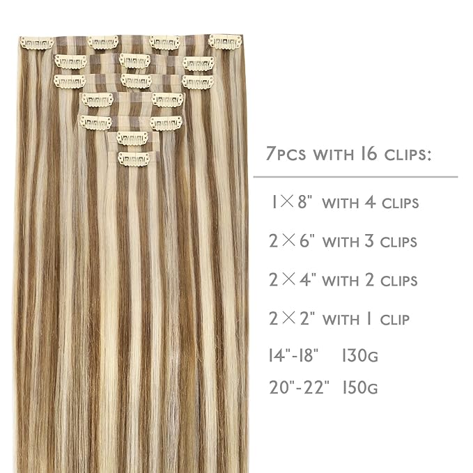 WENNALIFE Seamless Clip In Hair Extensions, 22 Inch 7pcs 150g Ash Brown with Platinum Blonde Highlights Hair Extensions Clip In Real Human Hair Extensions Invisible PU Weft Hair