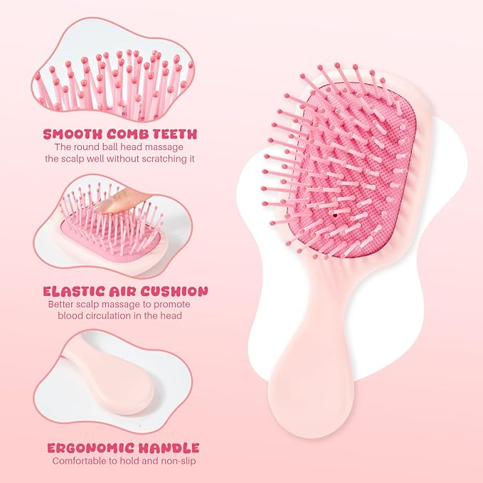 Mini Hair Bursh for Women and Girls, Protable Travel Size Hair Brush for Pockets Purses, Mini Detangler Brush for All Hair Types, Small Paddle Brush for Detangling(Pink)