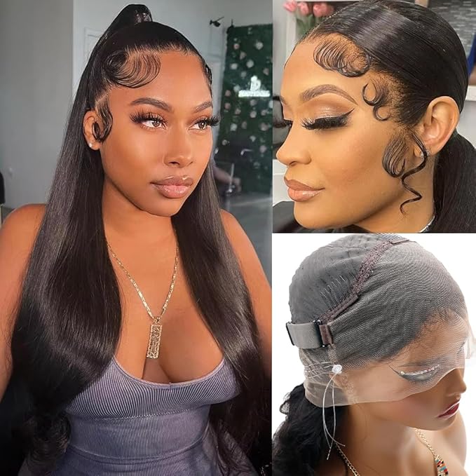 Hidden Strap Invisi Strap Straight 360 Glueless Wigs Human Hair Pre Plucked Pre Bleached Brazilian Virgin Wig With Drawstring 250 Density HD Full Lace Front Wigs Human Hair 18 Inch
