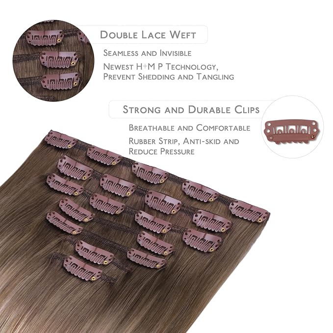 WENNALIFE Clip in Hair Extensions Real Human Hair, 24 Inch 120g 7pcs Balayage Sandy Brown to Platinum Blonde Remy Hair Natural Double Weft