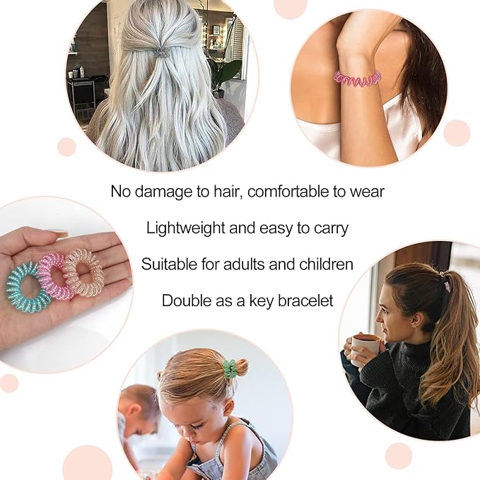 JessLab Spiral Hair Ties, 20 Pcs Traceless Phone Cord Hair Ties No Crease Spiral Bracelet Plastic Coil Ponytail Holders No-Damage Headband Hair Accessory for Girls Women Ladies Gift (Steel Beaded)