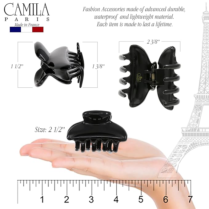 Camila Paris CP3550 French Hair Clip for Women, Small, Black 2.5 Inch Girls Hair Claw Clips Jaw Fashion Durable Styling Hair Accessories for Women, Strong Hold No Slip Grip, Made in France