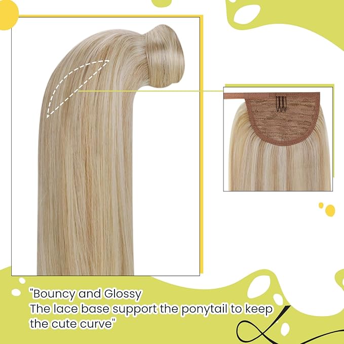 RUNATURE Ponytail Extension Human Hair, Real Hair Ponytail Extension Blonde, Straight Human Hair Ponytail, Remy Natural Hair Tangle Free, 14 Inch 70g #18P613 Ash Blonde Highlight Platinum Blonde