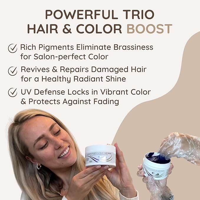 VITAMINS hair cosmetics Keratin Purple Hair Mask - Blue Hair Mask Deep Conditioner Treatment - Blonde Toner to Neutralize Brassiness in Brassy Blonde, Silver, White, Gray & Brown Locks