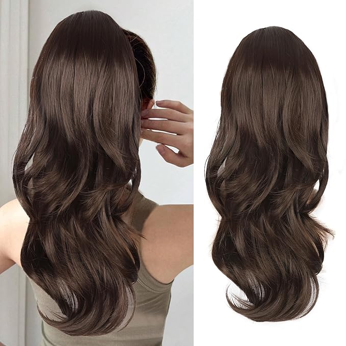 Ponytail Extension, Drawstring Ponytail Extension for Women 20 Inch Long Wavy Pony Tails Hair Extensions Synthetic Clip in Ponytail Hairpiece for Women(Medium Brown)
