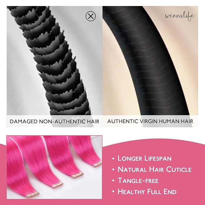 WENNALIFE Tape in Hair Extensions Human Hair Hot Pink Tape in Extensions, 10pcs 20g 10 inch Remy Invisible Tape Ins Straight Colored Soft Real Human Hair Tape in Extensions Refill Set Extensions