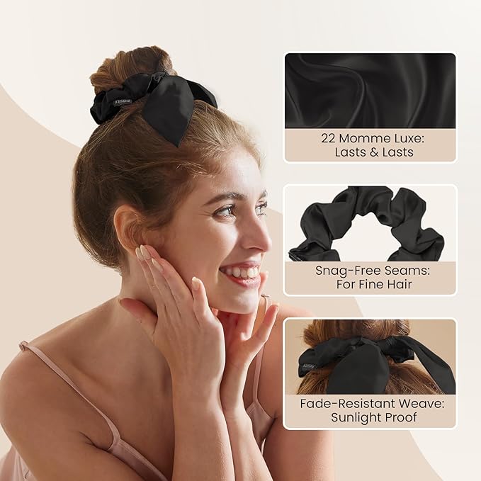 THXSILK 100% Mulberry Silk Bow Scrunchies 3-Pack, 22 Momme Mulberry Silk Hair Ties for Women, Cute Bunny Ear No Damage Ponytail Holders, Fashion Hair Accessories for Girls(M, Dark Colors)