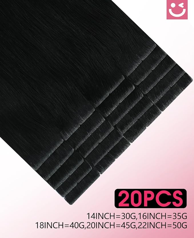 Youngsmile Injection Tape in Hair Extensions Real Human Hair, #1 Jet Black 16 Inch Invisible Edge Tape in Injected Hair Extensions, 20pcs 35g, Straight Remy Virgin Human Hair Tape ins (#1,16'')