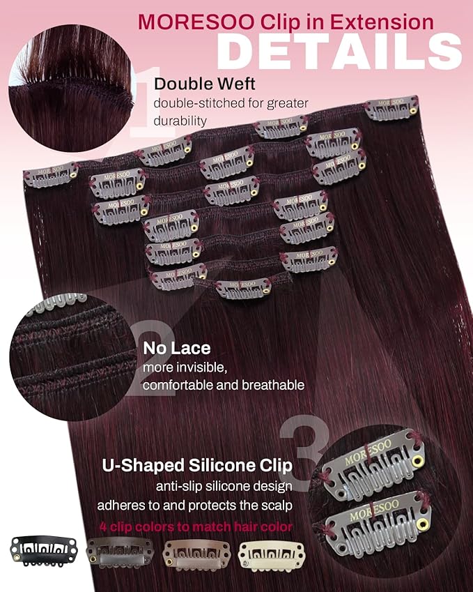 Moresoo Clip in Hair Extensions Remy Double Weft Human Hair Clip in Extensions Straight Red Wine Hair Extensions for Women Burgundy #99J 7pcs 120g 20inch