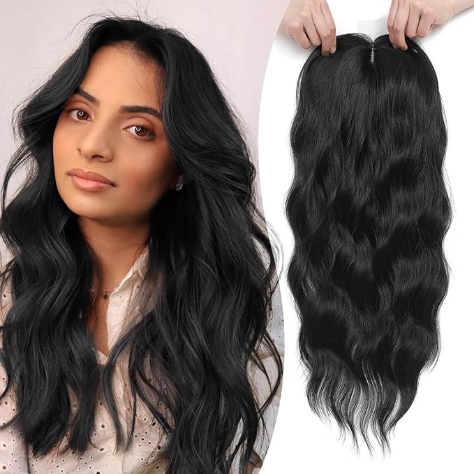 MORICHY Hair Toppers for Women Clip in Hair Topper with Bangs 20inch Black Long Wavy Curly Synthetic HairPieces for Women