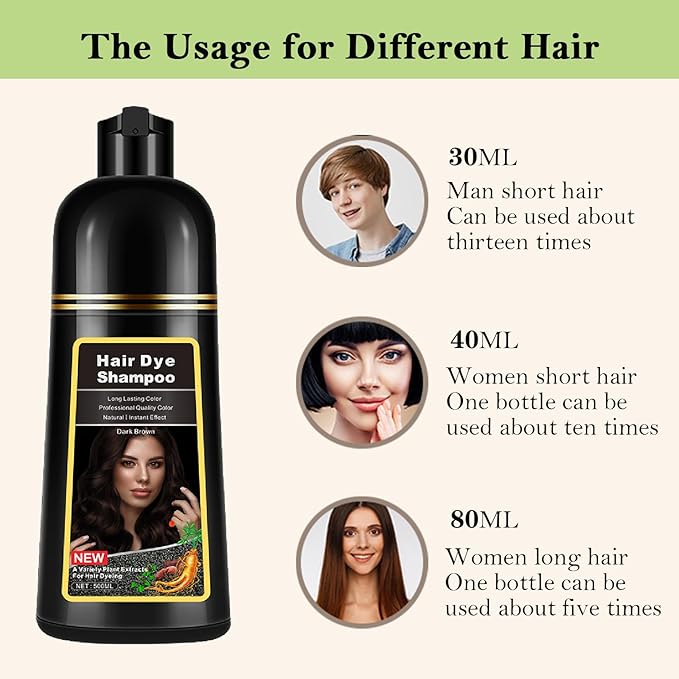 Instant Dark Brown Hair Dye Shampoo for Gray Hair - Long Lasting Herbal Formula, Colors in Minutes, 3 in 1 for Women and Men, 17.6 FL OZ