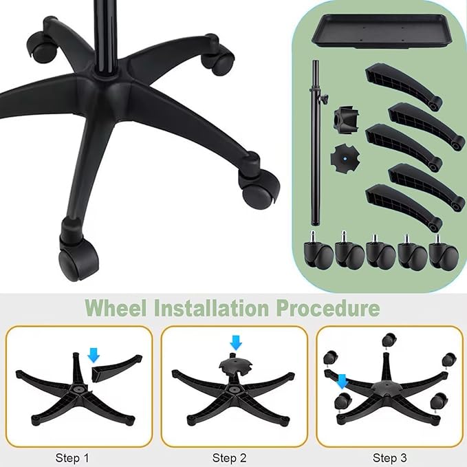 Salon Rolling Tray, Height Adjustable Tattoo Tray Rolling Cart, Storage Utility Trolley for Spa, Beauty Salon Service, Hairdresser Cart with Wheels, Black (Green)