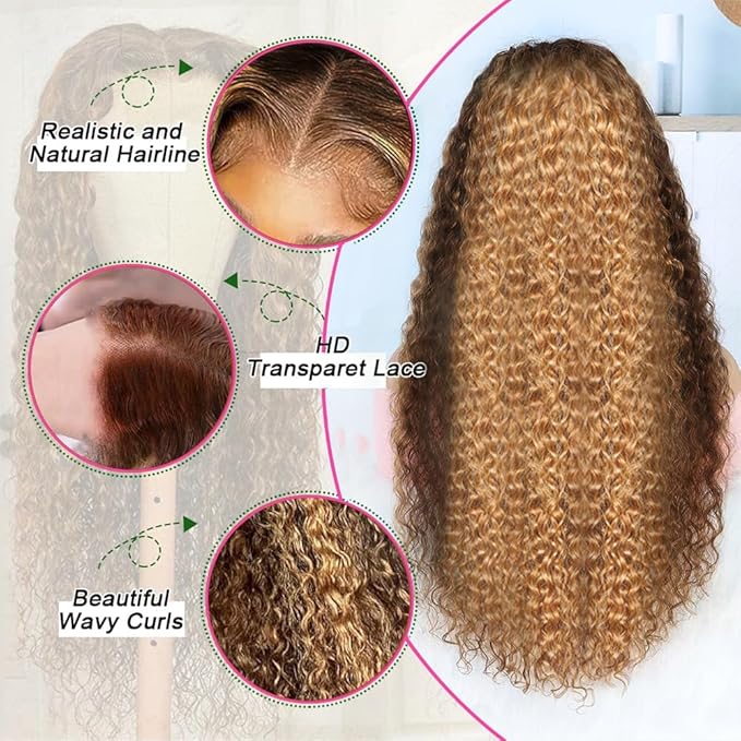 AMIRTY 360 Honey Blonde Water Wave Wig Human Hair 4/27 Highlight Curly Wig Pre Plucked Ombre Lace Front Wig Human Hair Deep Wave Lace Front Wig Colored Wigs 22Inch