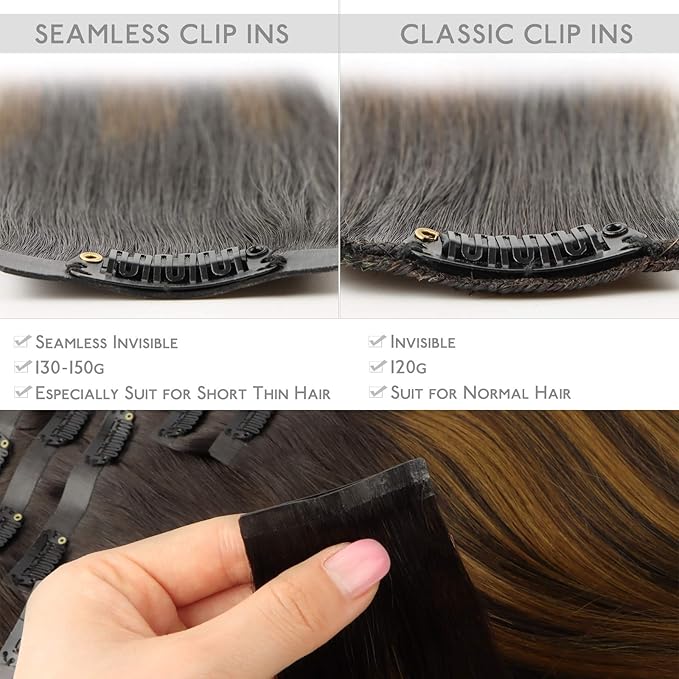 WENNALIFE Seamless Clip In Hair Extensions, 20 Inch 150g 7pcs Balayage Dark Brown to Chestnut Brown Hair Extensions Clip in Human Hair Invisible PU Skin Weft Natural Remy Human Hair Extensions