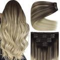 Ve Sunny Clip in Hair Extensions Long Straight Human Hair Clip in Extensions Ombre Real Hair Clips Extensions for Women Dark Brown Ombre Golden Blonde Mix Light Blonde Soft Silky 7pcs 120g 22inch