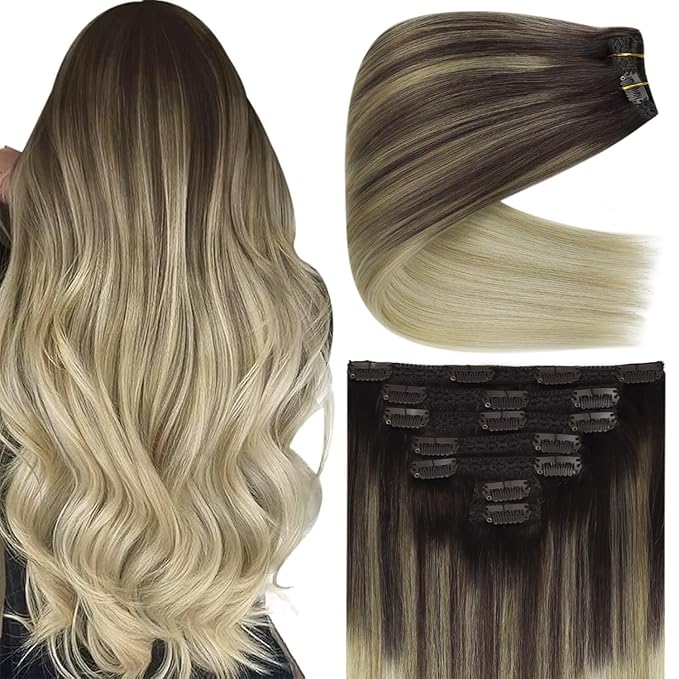 Ve Sunny Human Hair Clip in Extensions Invisible Clip in Hair Extensions Balayage Clip in Human Hair Extensions Dark Brown Ombre Golden Blonde Mix Light Blonde Daily Use Charming 7pcs 120g 20inch