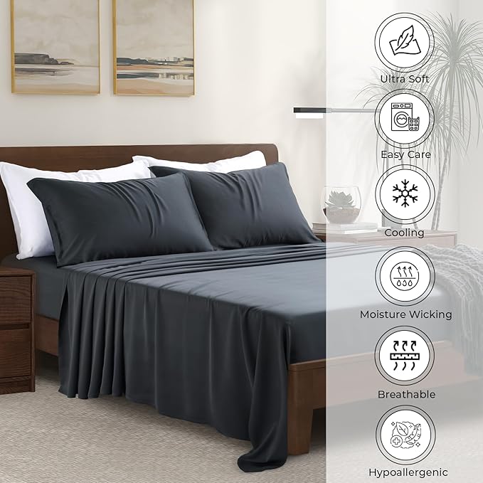 Luxury Bamboo Market | Queen Envelope Pillowcase Set | 100% Viscose Made from Bamboo | Organically Grown | Ultra Soft | Cooling | 2pcs [Charcoal Grey]