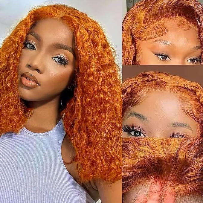 GOLFMAX Ginger Water Wave Bob Wig Human Hair Transparent HD 13x4 Lace Front Human Hair Wig 10 Inch Short Bob Wig Glueless Wigs Human Hair Pre Plucked With Baby Hair