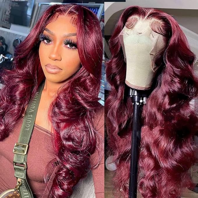 200% Density Burgundy Wig Human Hair 13x4 99j Burgundy Lace Front Wigs Human Hair Pre Plucked HD Transparent Lace Frontal Wigs Red Colored Wig 36Inch