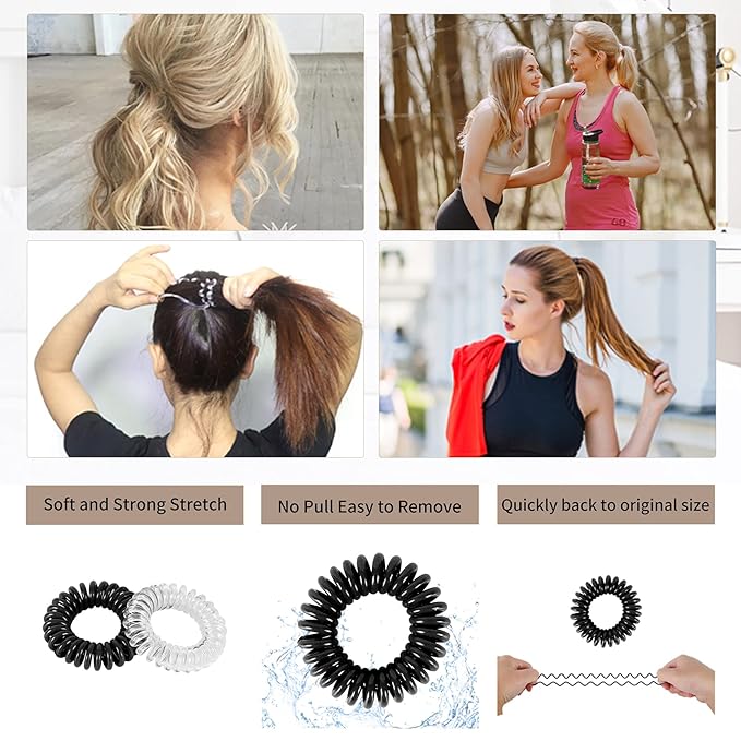 79STYLE 50Pcs Spiral Hair Ties Black Clear Coil Hair Ties Phone Cord Plastic Ponytail Holders Bulk Clear Hair Coils For Women Gris Thin Thick Curly Hair (Black and Transparent)