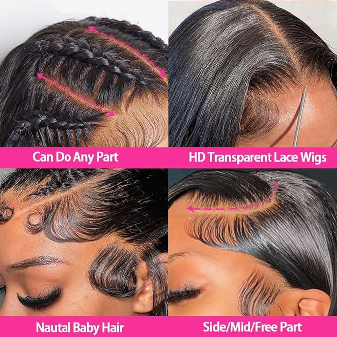 Lemoda 13x6 Full Lace Frontal Wig 180% Density Straight Lace Front Wigs Human Hair HD Transparent Lace Glueless Wig Pre Plucked 15A Brazilian Virgin Human Hair Wigs for Women 34 Inch
