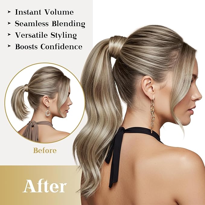 Ve Sunny Hair Extensions Ponytail Real Human Hair Wrap Around Clip in Ponytail Hair Extensions Straight Extensions Human Hair for Women Light Brown Highlights Platinum Blonde 20inch 80G