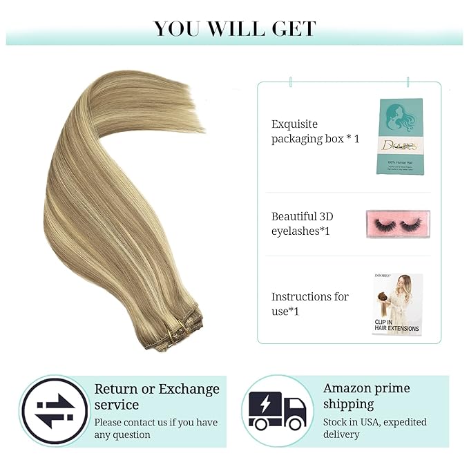 DOORES Clip in Hair Extensions Human Hair, 5pcs 75g Balayage Light Blonde Highlighted Golden Blonde 14 Inch Human Hair Extensions Clip in Remy Hair Extensions Straight Natural Hair