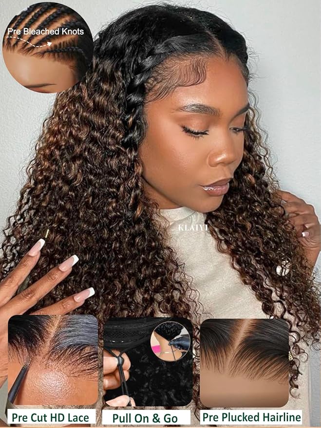KLAIYI Ombre Brown Water Wave Bye Bye Knots Glueless Wig Human Hair Pre Cut 7x5 Lace Front Wigs Drawstring Pre Plucked Bleached Highlight Balayage Curly Ready to Wear and Go Wig with Dark Roots 26Inch