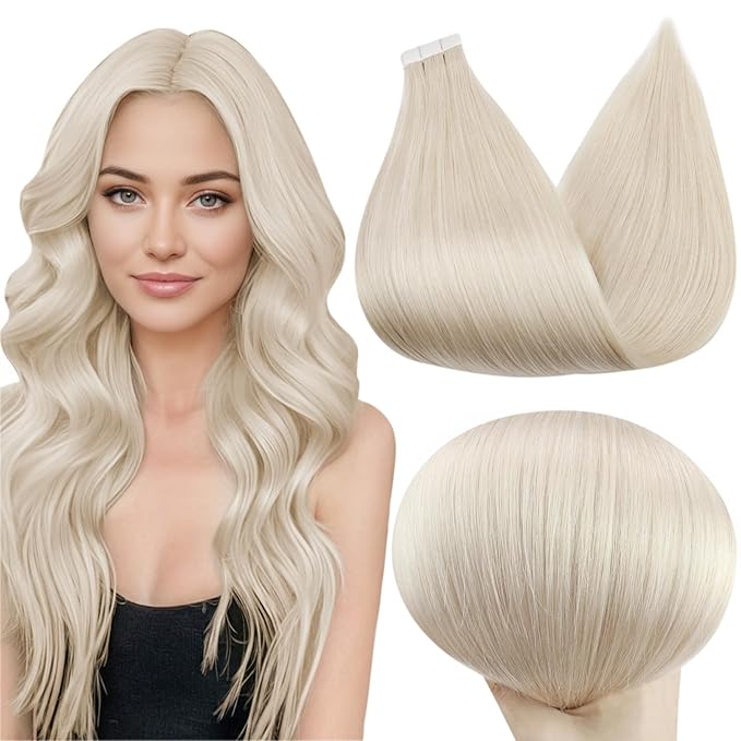 Full Shine Tape in Hair Extensions Color 1000 White Blonde 20 Pcs 10 Inch 30 Gram Seamless Tape in Extensions Straight Remy Skin Weft Tape Extensions for Wedding Natural Brazilian