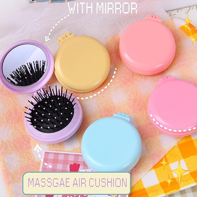 20 Pack Folding Travel Mirror Hair Brushes Round Folding Pocket Hair Brush Mini Hair Comb Compact Travel Size Hair Massage Combor Women and Girls (5Colors)
