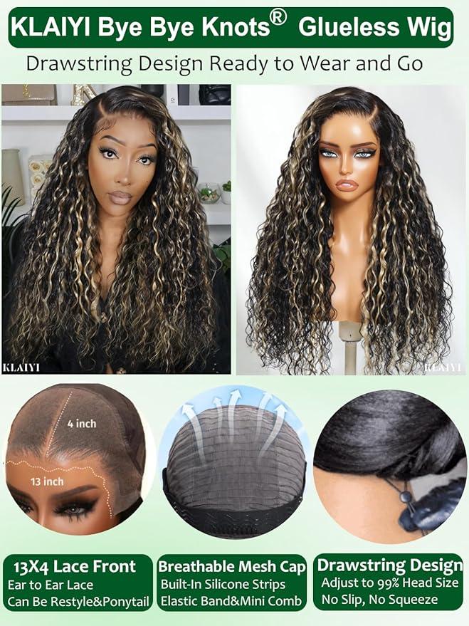 KLAIYI Ombre Highlight Blonde Water Wave Glueless Pre Everything 13x4 Lace Front Wigs Human Hair Drawstring Pre Plucked Pre Bleached Bye Bye Knots Curly Wig with Dark Roots Ready to Wear and Go 22Inch