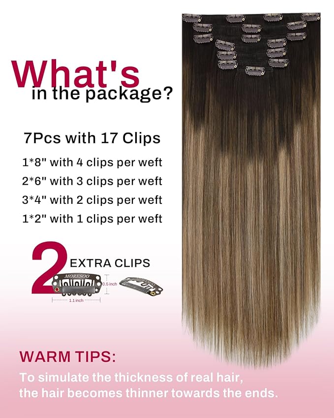 Moresoo Clip in Hair Extensions Human Hair Ombre Remy Clip in Extensions Human Hair Balayage Dark Brown to Dark Ash Blonde with Golden Blonde 7pcs/120g 24inch