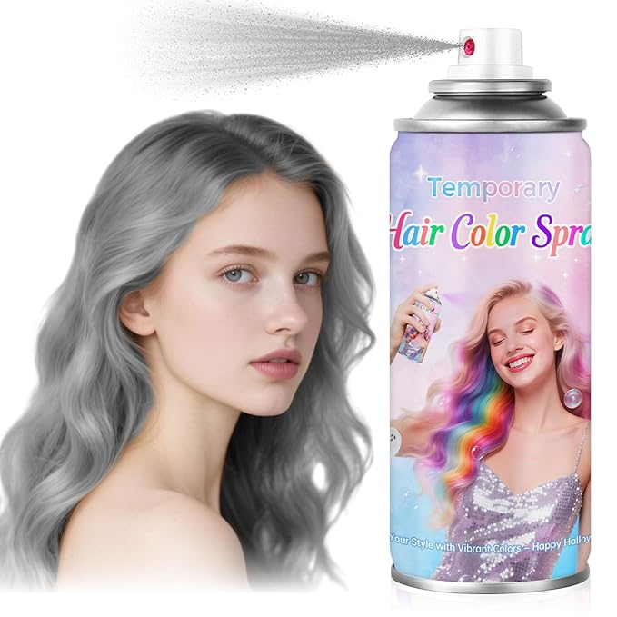Grey Temporary Hair Color Spray - Washable & Non-Sticky Hair Dye for Halloween, Cosplay, Parties-Safe for Kids, Women & Men - Quick-Drying & Easy to Wash Out(120ml)
