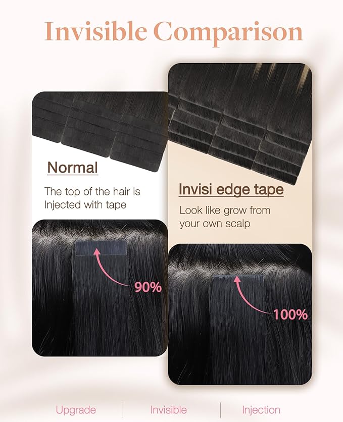 GOO GOO Invisi Edge Tape in Hair Extensions Human Hair, 1B/19/1B Natural Black to Light Blonde, 20pcs 16inch 50g, Virgin Remy Hair, Seamless Injected Tape, Natural Look