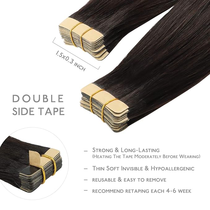 WENNALIFE Tape in Hair Extensions Human Hair, 20pcs 50g 22 inch Dark Brown Remy Hair Extensions for Women Tape Ins Straight Extensiones De Cabello Humano Skin Weft