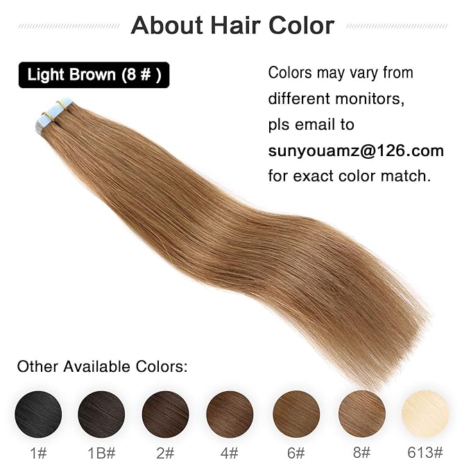SUYYA Tape in Hair Extensions Human Hair 14 inches 40g/pack 20pcs Straight Seamless Skin Weft Tape in Remy Human Hair Extensions(14 inches #8 Light Brown)