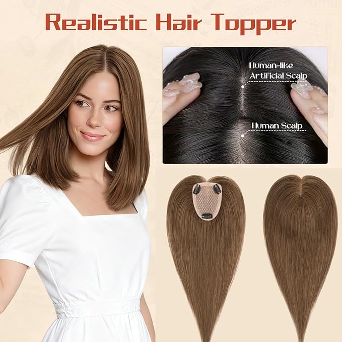 Rich Choices Human Hair Toppers for Women-100% Real Remy Hair Topper No Bang-Upgraded 150% Density 9 * 12CM Lace Base-Clip in Hairs Topper for Thinning Hairs-12Inch #4 Medium Brown