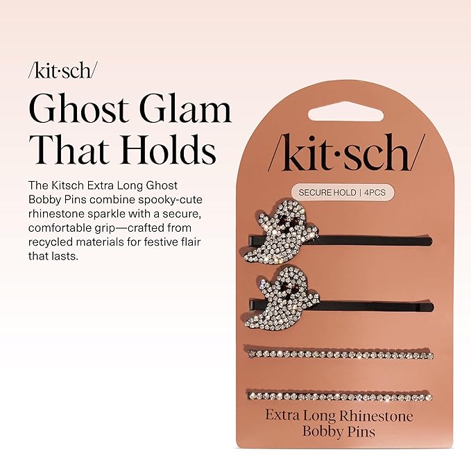 Kitsch Extra Long Metal Rhinestone Bobby Pins – Ghost Design Sparkly Hair Pins – Halloween Hair Accessories – Secure Hold Bobby Pins for Women, Festive Styling | Ideal Gifts for Women - 4pc Set