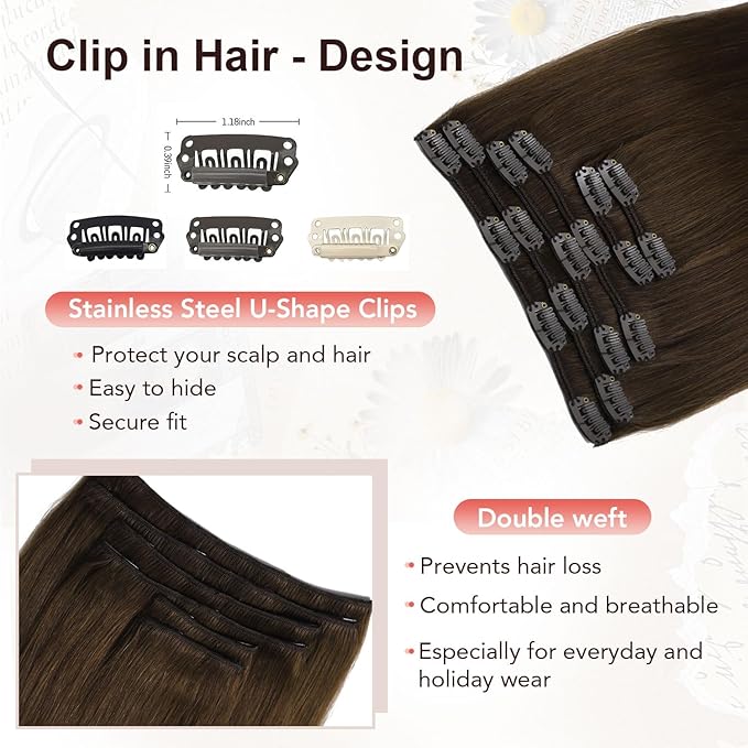 XDhair Clip in Hair Extensions Human Hair,100g 16 Inch Medium Brown Clip in Hair Extensions Real Human Hair for Women Silky Straight Real Hair 6pcs #4 16 Inch