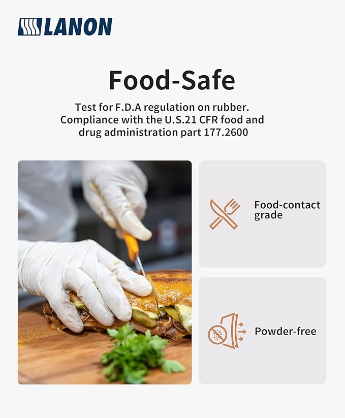 LANON Food Safe White Disposable Nitrile Gloves, Latex-Free, Powder-Free, Textured Fingertips, Cooking, Cleaning, XL
