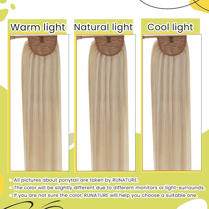 RUNATURE Ponytail Extension Human Hair Blonde 12 Inch 70g Short Real Hair Ponytail Extension Ash Blonde Highlight Bleach Blonde Human Hair Ponytail Straight Wrap Clip in Pony Tails Extension