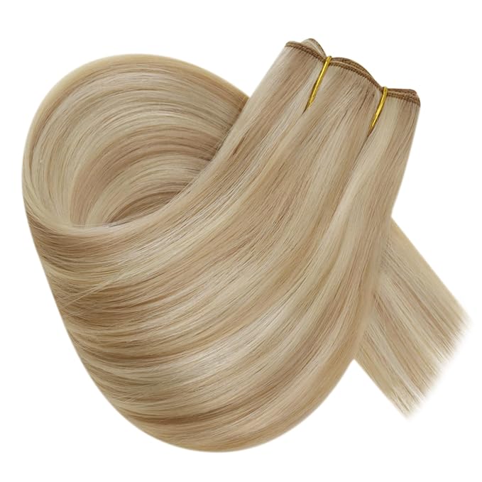 RUNATURE Invisible Wire Hair Extensions, Blonde Human Hair Extensions, Soft Remy Hair, Fish Line Natural Extensions for Women, Add Hair Volume, 14 Inch 70g #18p613 Ash Blonde Highlights