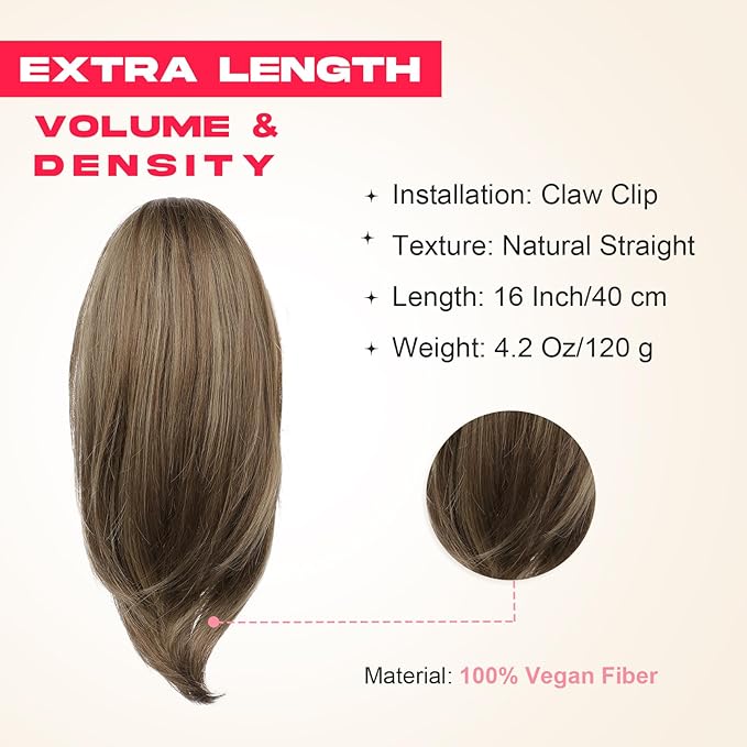 Ponytail Extension – 16” Claw Clip in Ponytail Hair Extensions Natural Soft Synthetic High Pony Tail Hairpieces for Women (Chestnut Brown with Highlights, 16 inch)